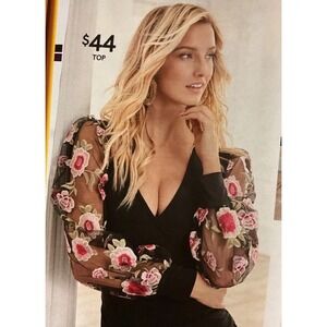 Venus Black Stretch with Sheer Floral Applique Supplice Top Size XS Floral